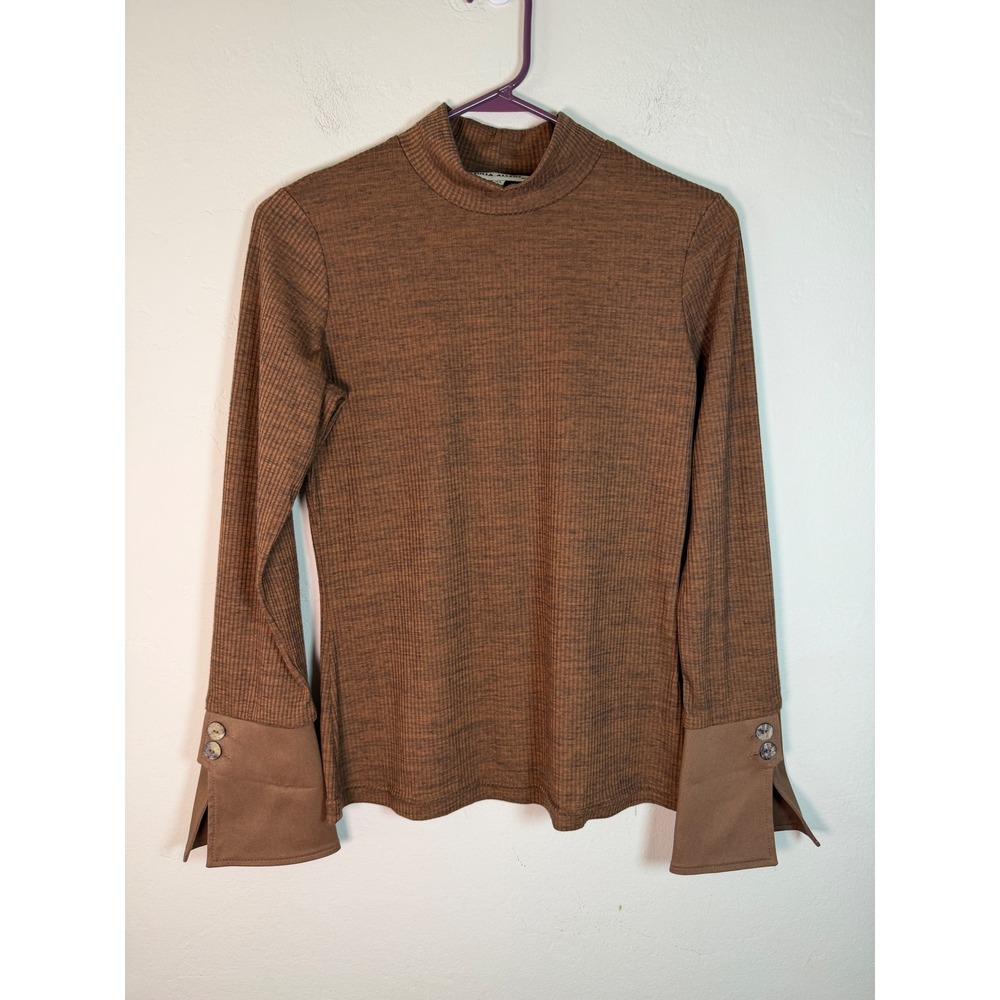 Julia Allert Brown Ribbed Mock Neck Top Long Sleeve French Cuff Button Detail M